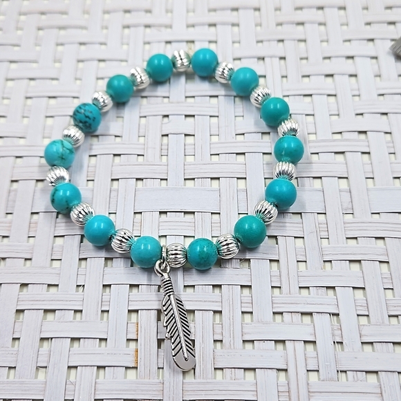 Hand Crafted Jewelry - Handmade Chinese turquoise with silver metal spacer beads stretch bracelet